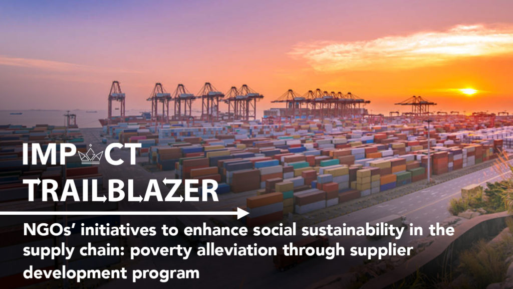 An Impact Trailblazer research banner with multi coloured shipping containers. This is from the research paper,'NGOs' initiatives to enhance social sustainability in the supply chain: poverty alleviation through supplier development program'.