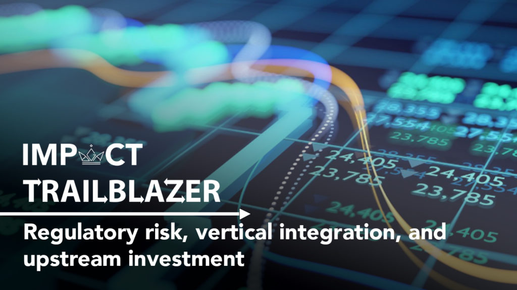 An Impact Trailblazer research banner with a background image of line graphs and numbers. This is from the research paper, 'Regulatory risk, vertical integration, and upstream investment'.