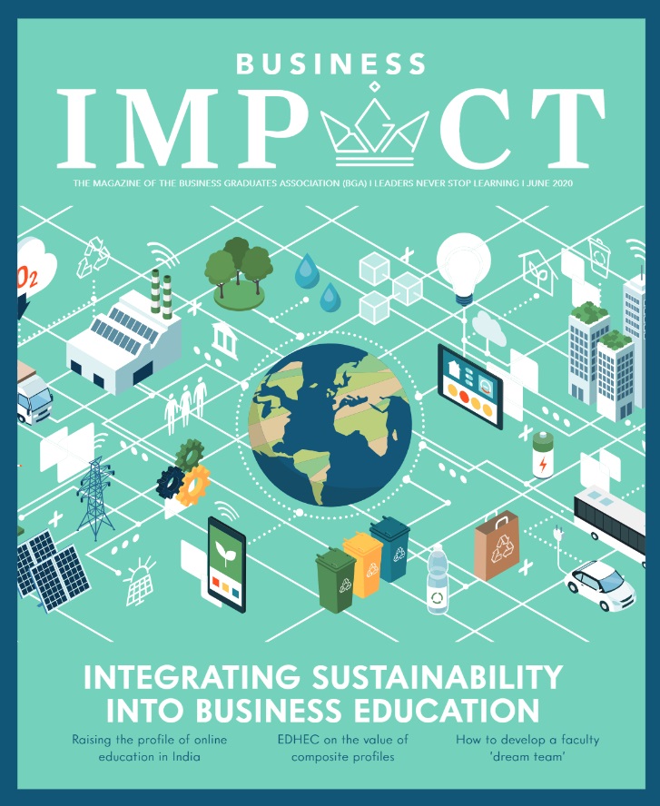 Front cover for Business Impact magazine; integrating sustainability into business education