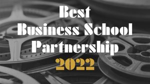 Best Business School Partnership 2022 category for the AMBA & BGA Excellence Awards - BGA Student of the Year Awards 2022 black and white vintage theme image of movie reels.