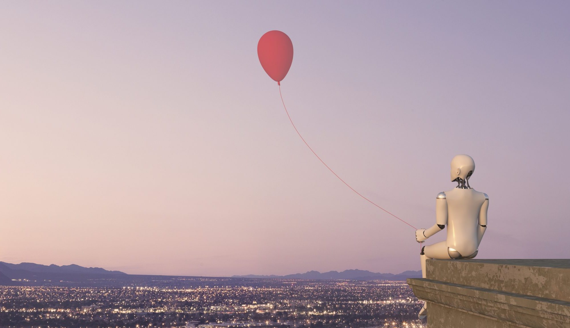 A white robot is sitting on the rooftop ledge of a building with the view of a city with lights, holding a red balloon. Business Impact article on Top tips to be a better daydreamer — and how it will help you.