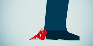 A red businessperson leaning on a giant heel. Business Impact article image for only ethical leaders can study power safely.