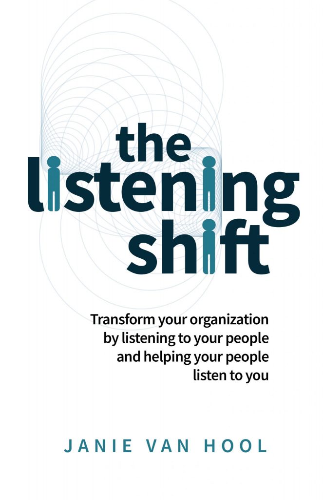 Front cover of a booked called The Listening Shift; Transform your organisation by listening to your people and helping your people listen to you, by author Janie Van Hool.