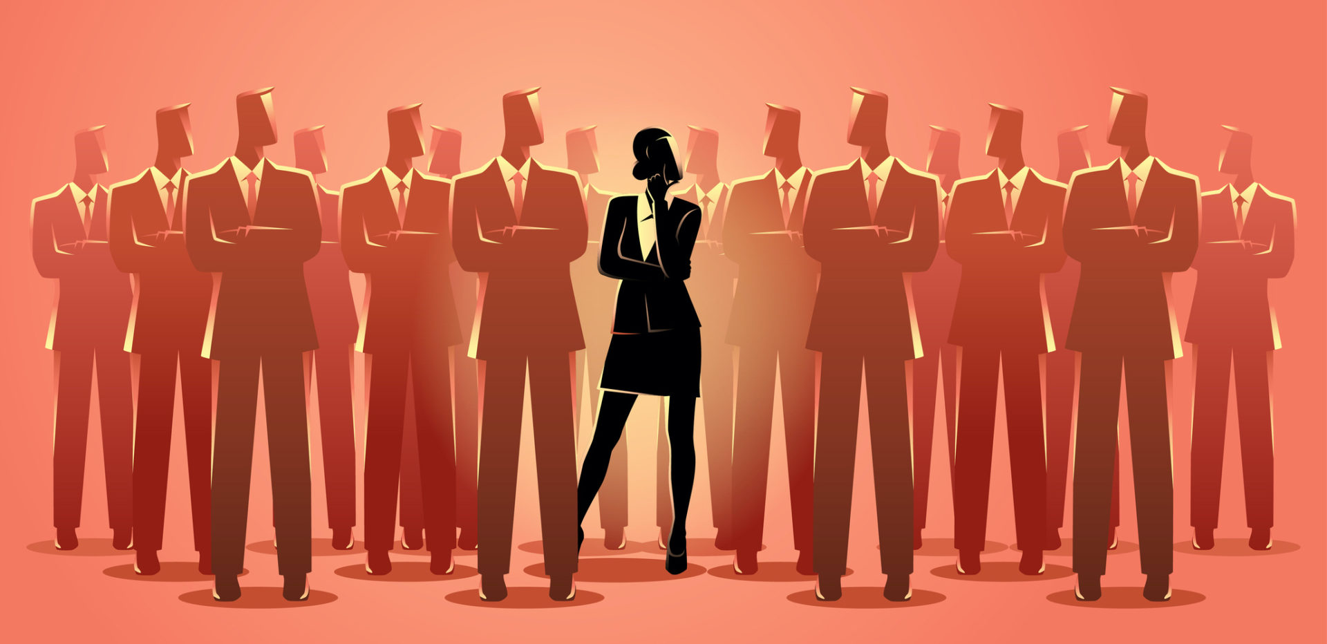Business concept vector illustration of a businesswoman standing among businessmen. Living in a man's world concept.