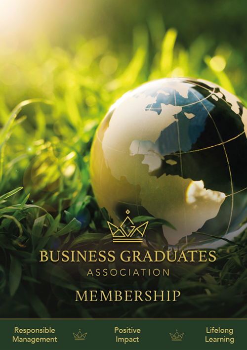 Glass globe on a bed of grass, front cover of the BGA membership brochure for Business Schools professionals.