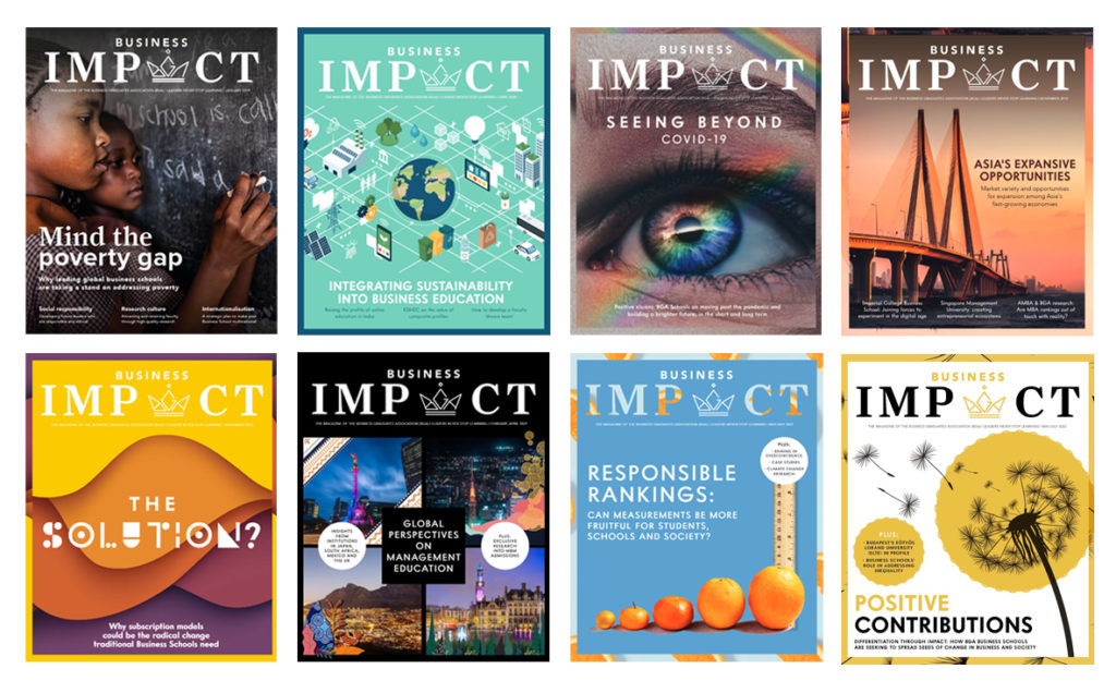 A collection of Business Impact front covers.