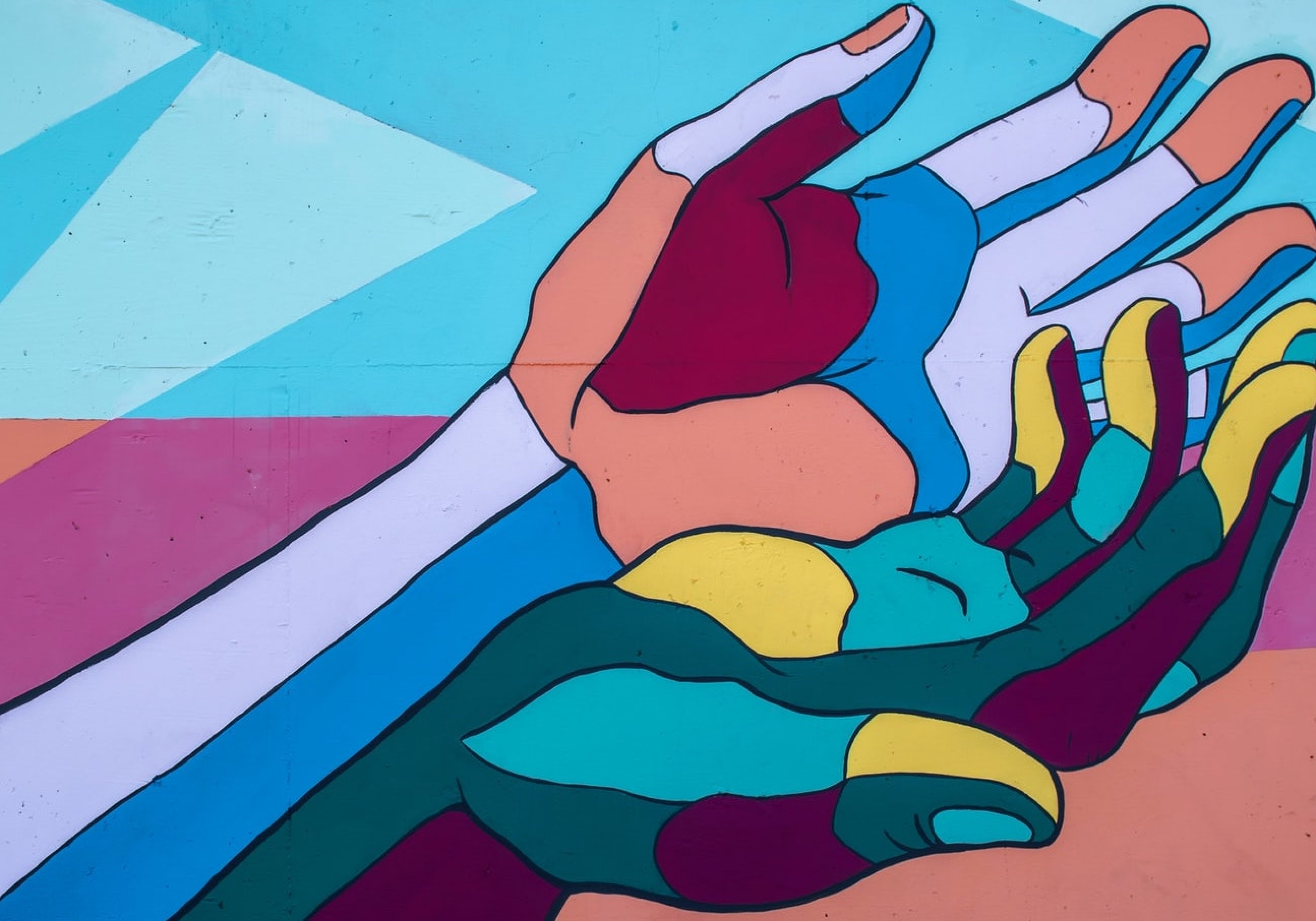 Abstract illustration of two duo-tone coloured hands touching the side of the palms symbolising diversity and inclusion.