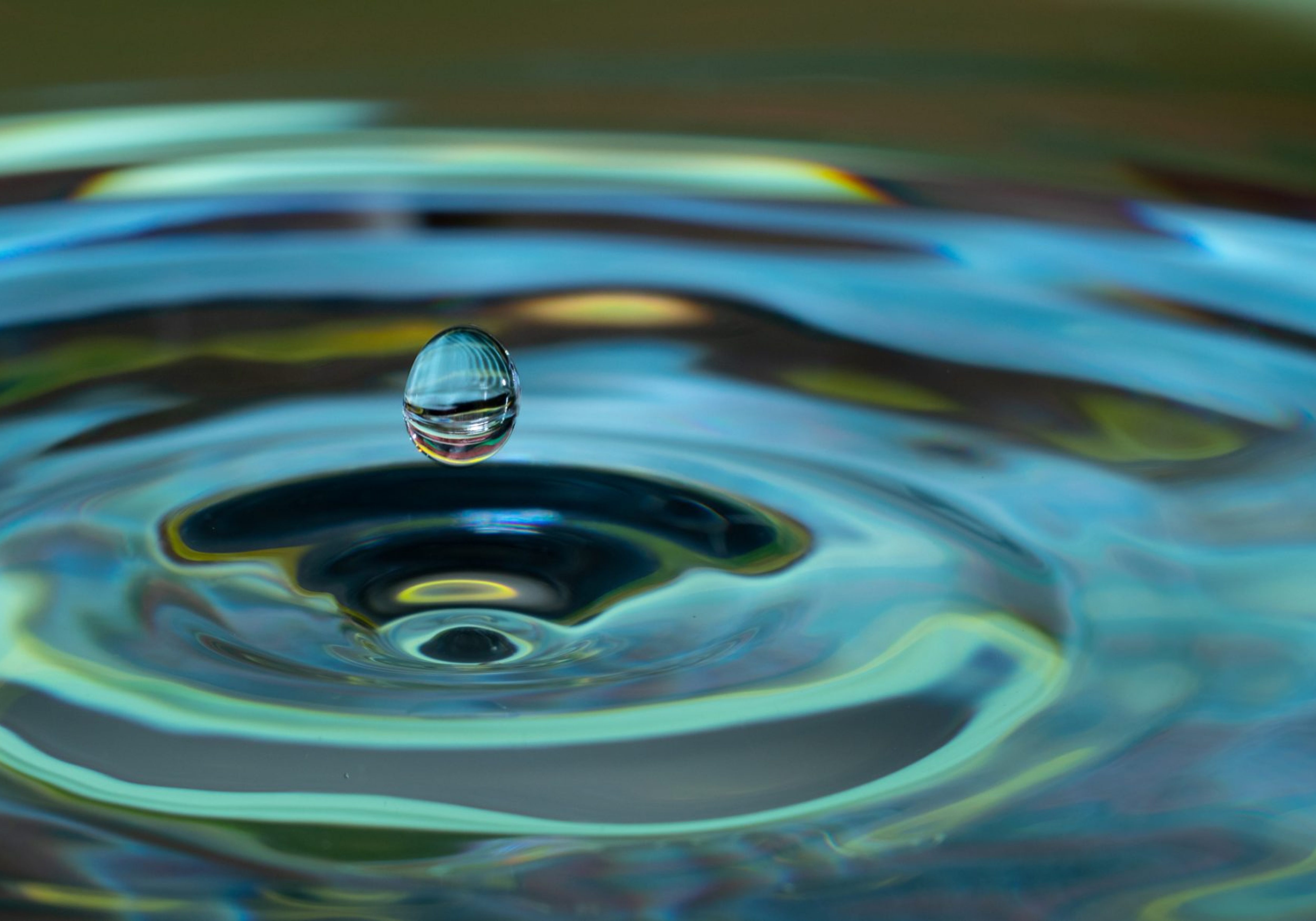 A close-up photograph of a single water droplet about to hit a pool of water; pool of water is causing a circular ripple motion. Water, in this case, signifies sustainability. Business Impact article for Making an impact: corporate social responsibility.