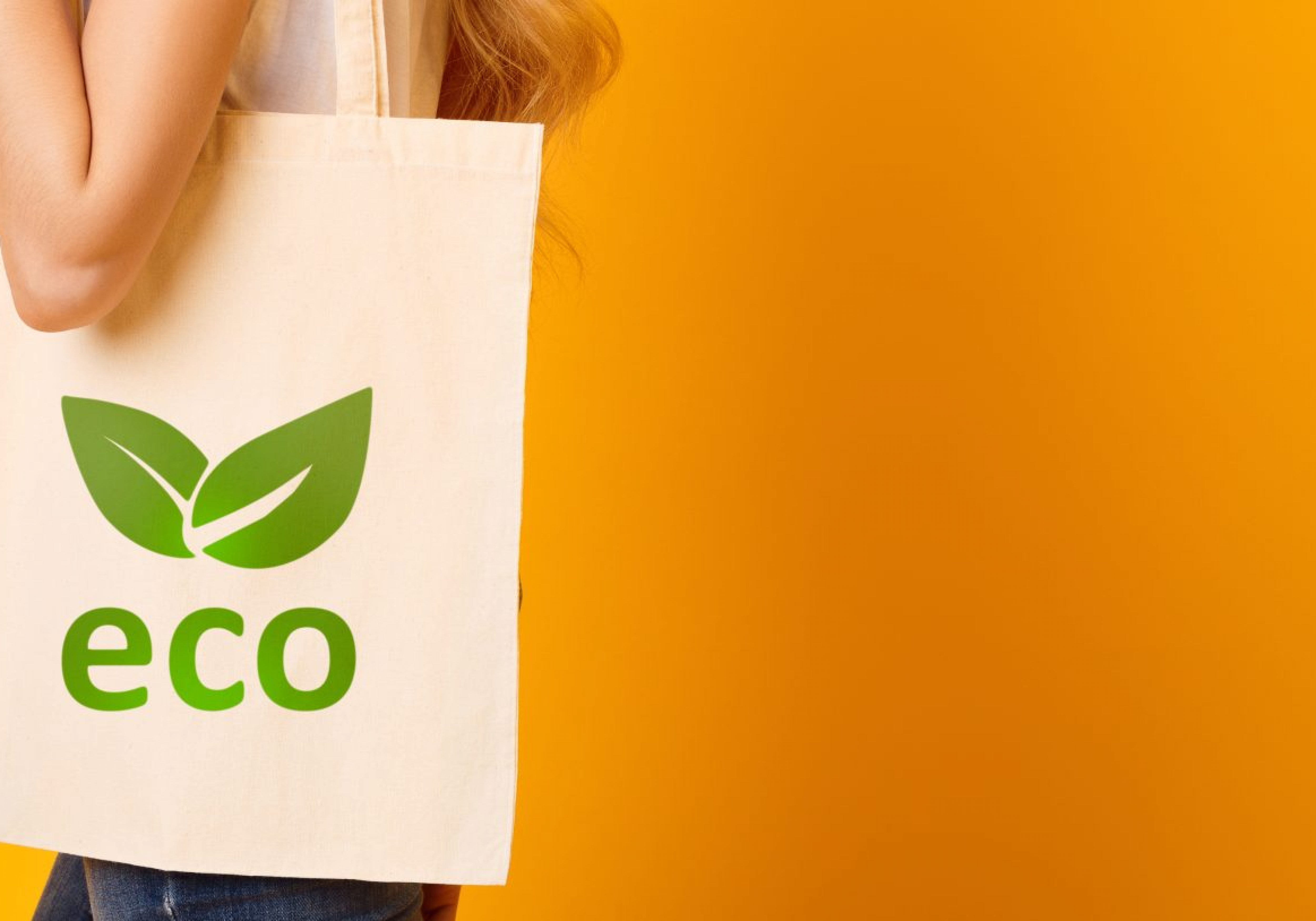 A person is carrying an eco-friendly fabric shopping bag with a green leaf logo stating 'eco'. The person is standing behind a bright solid orange background. This is symbolic to focus on being green.