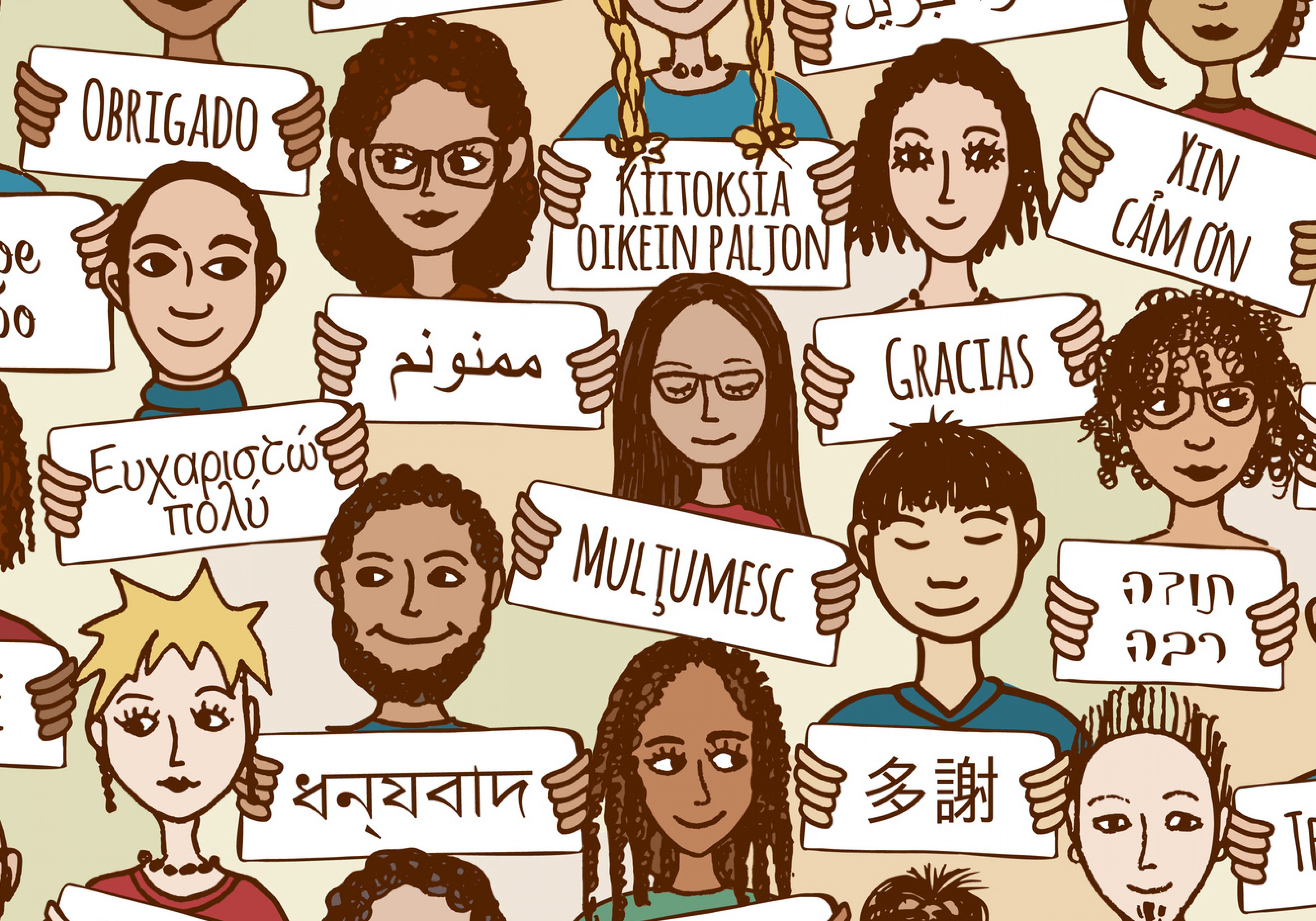 Seamless pattern of a group of hand drawn people holding "thank you" signs in different languages