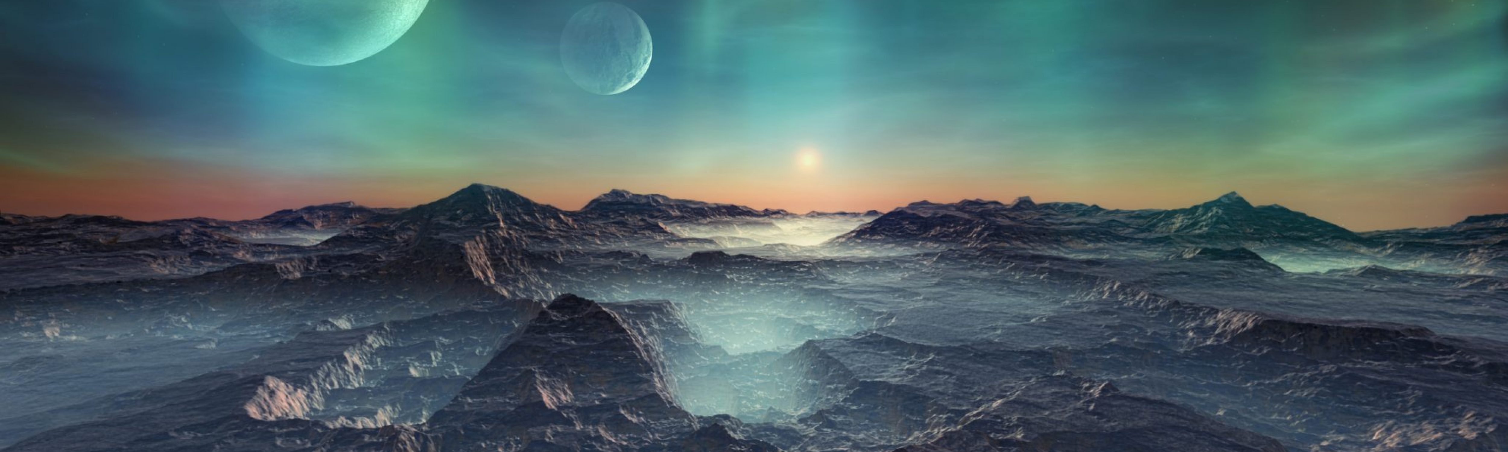 A dark Sci-fi landscape of mountains on an unknown world with two moons on a night horizon symbolises brave new worlds.