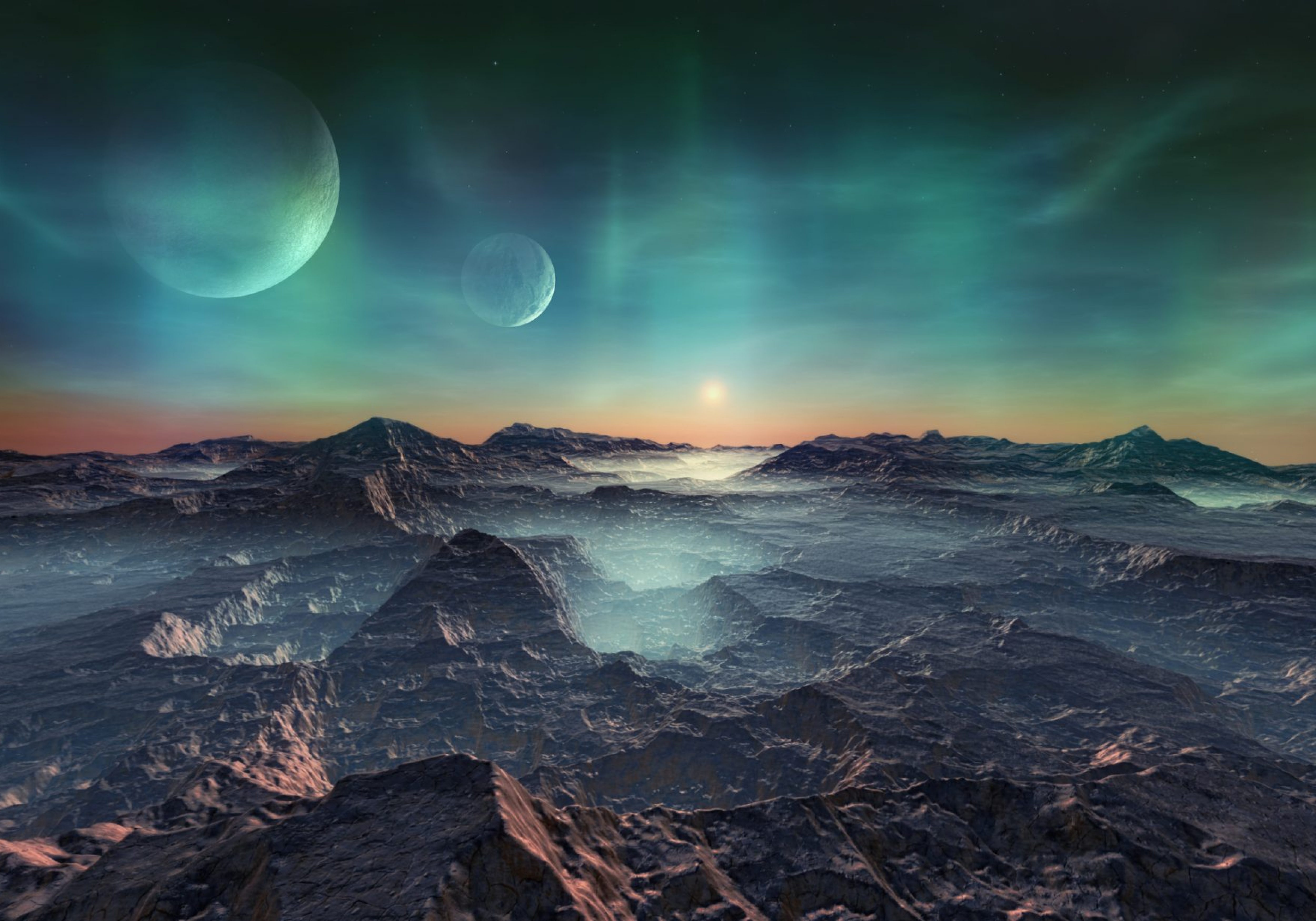 A dark Sci-fi landscape of mountains on an unknown world with two moons on a night horizon symbolises brave new worlds.
